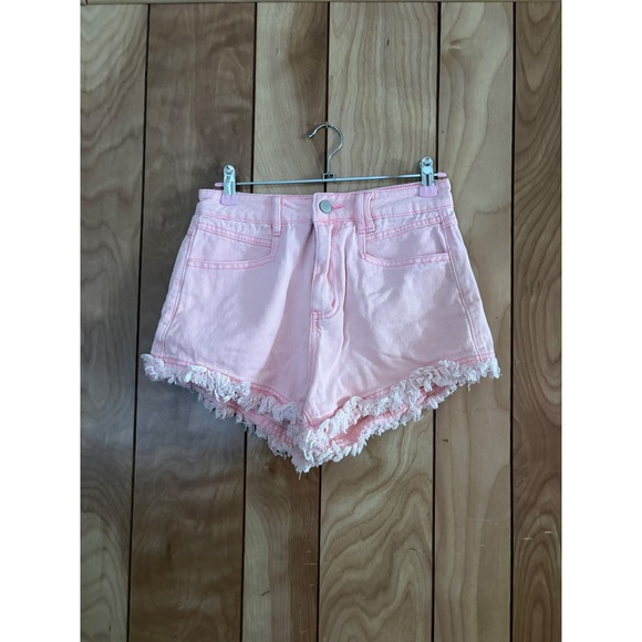 SHEIN Pants - SHEIN Womens Pink High‎ Waisted Frayed Raw Hem Denim Jean Shorts Size S 4